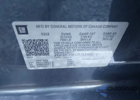 2018 Chevrolet Silverado 1500 1Lt из США, поврежденный, VIN 2GCRCREC8J1102075